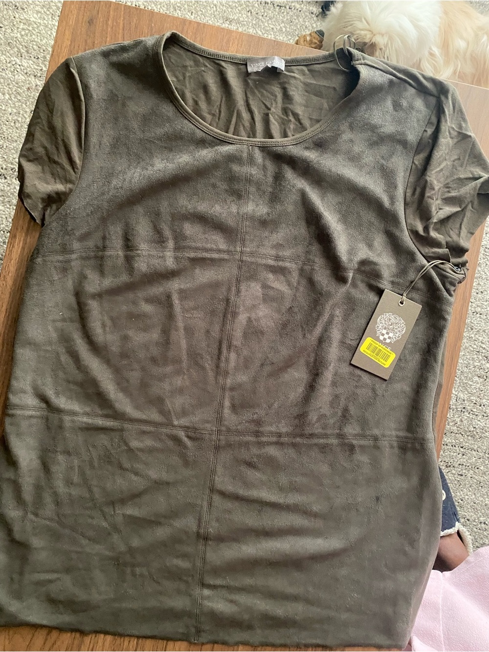 Women's Olive Green Short Sleeve Suede-Look Top (Vince Camuto)